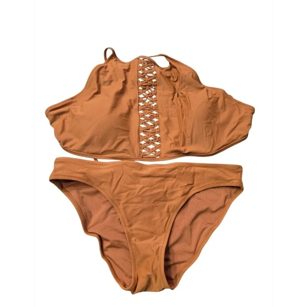 Aerie Bikini Set XL High Neck Macrame Crochet Top M Hipster Bottom Burnt Orange